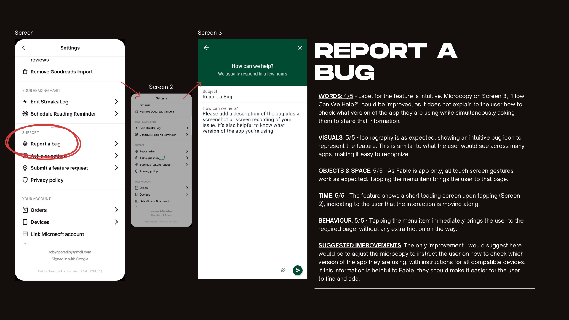A slideshow image showing the Report A Bug analysis for reading app Fable.